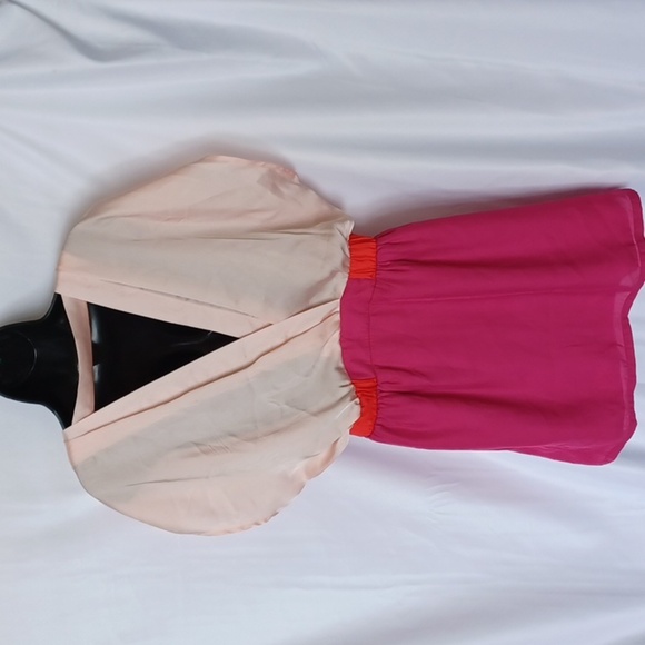 Paisley & Ivy Short Sleeve Mini Dress with V-Neck Back Cutout- Pink, lined skirt - Picture 5 of 8